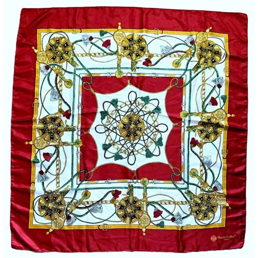Maria Callas Italy Silk Scarf Equestrian Tassels Medallions Red Gold 34